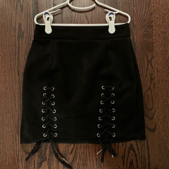 Black Lace Up Tie Suede Mini Skirt - Picture 2 of 4